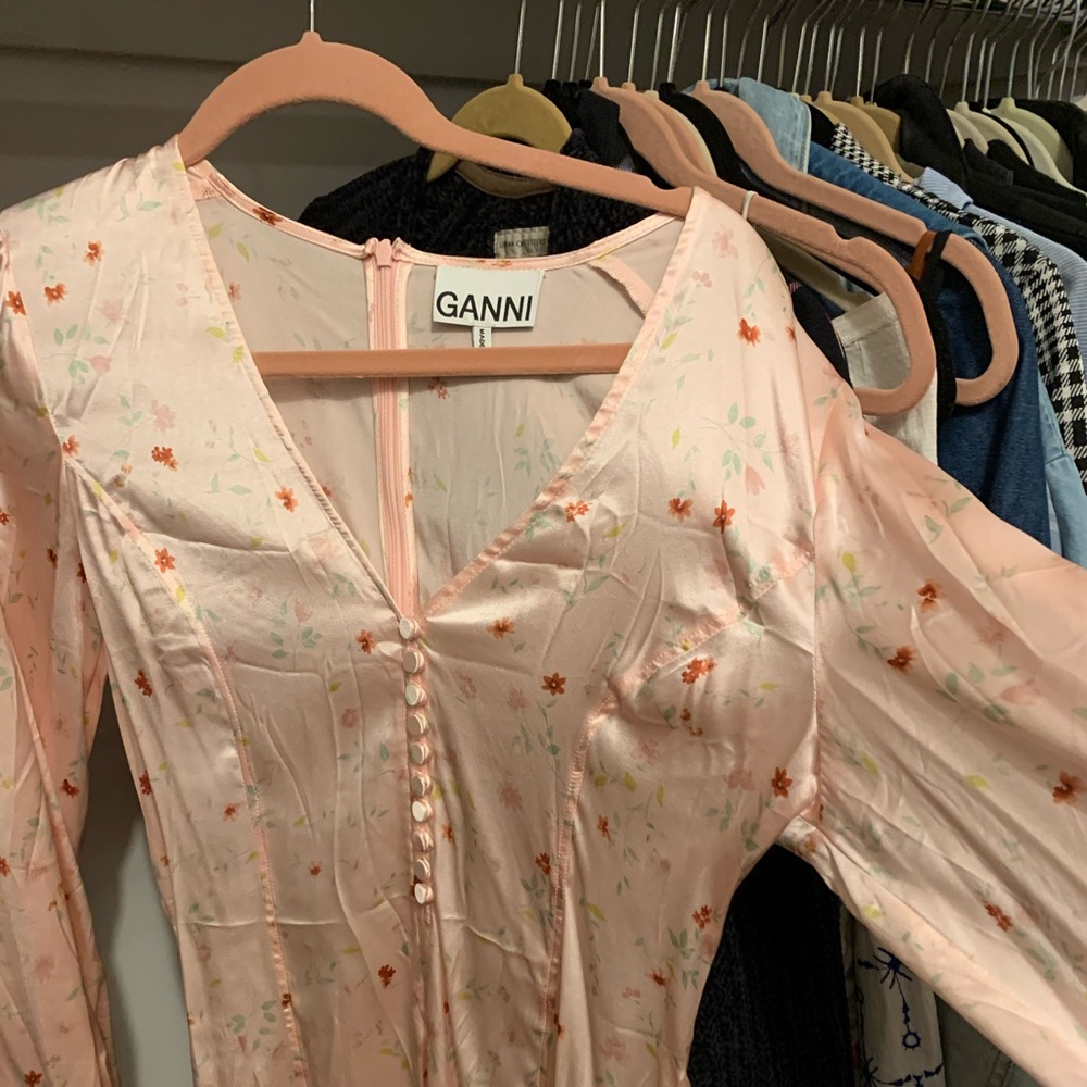 Ganni Floral V-Neck Blouson-Sleeve Mini Dres - Picture 3 of 8